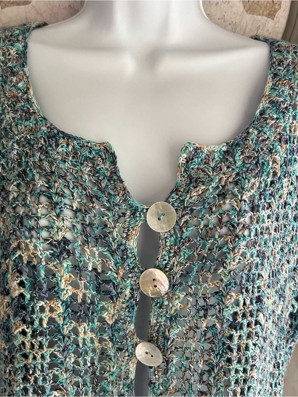 Lightweight Crocheted Button-Front Cardigan in Teal Multi - Picture 2 of 6